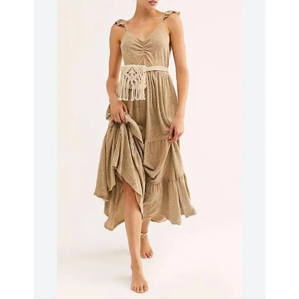 Free People Langley Maxi Dress Womens Small Beige FP Beach Ruffle Tie Back Linen